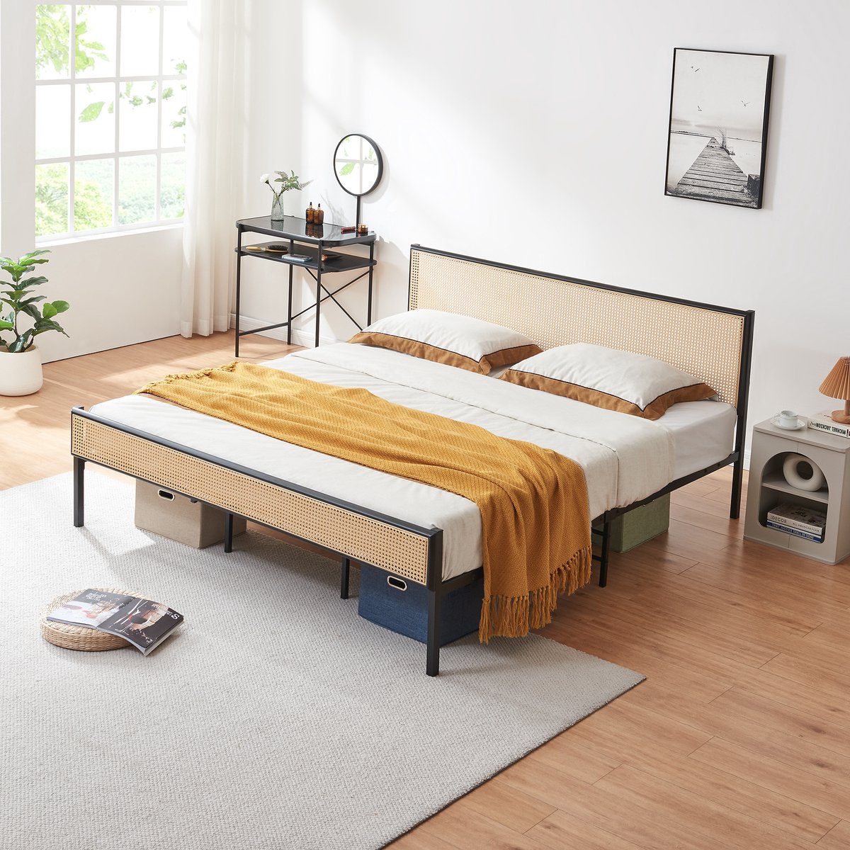 Metalen bed met matras Linköping 200x180x16 cm zwart en rotan look [en.casa]