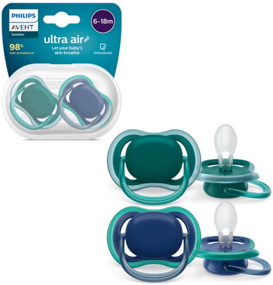 Philips Avent Sucette Ultra Air Peau Sensible 6 - 18 mois Vert/ Blauw 2 pièces