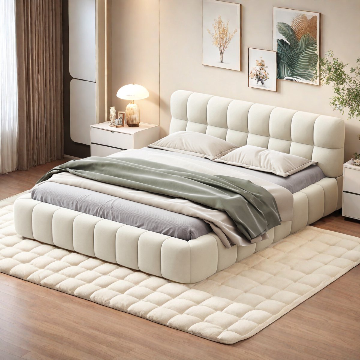 Gestoffeerd bed 140x200 cm, tweepersoonsbed met lattenbodem en hoofdeinde, vlak bed met gestoffeerde rand, bedframe voor volwassenen en tieners, zonder matras, linnen beige
