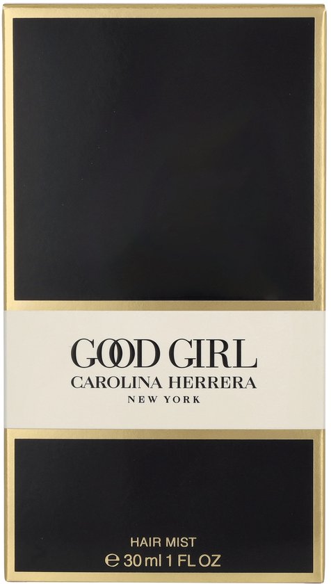Zwarte 'Good Girl Hair Mist' doos met gouden randen, met een crème-kleurige band met 'Good Girl Carolina Herrera New York' erop.