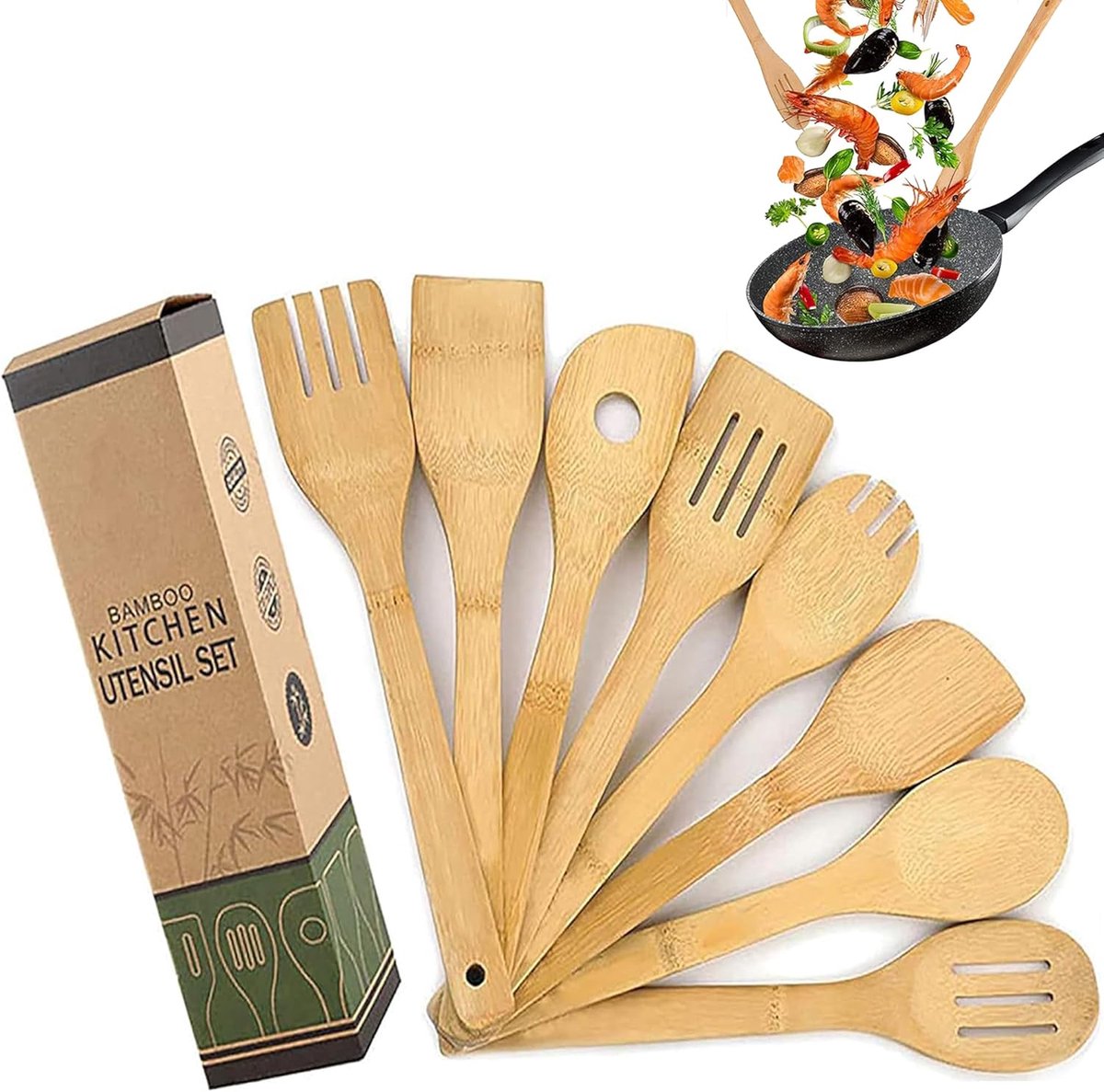 Set van 8 Bamboe Keukengerei - Hittebestendige Keuken Tools zonder Antiaanbaklaag