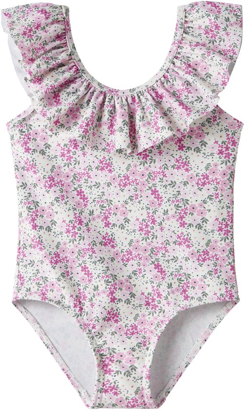 Wit badpak met roze bloemetjesprint, ruches rond de hals en schouders.
