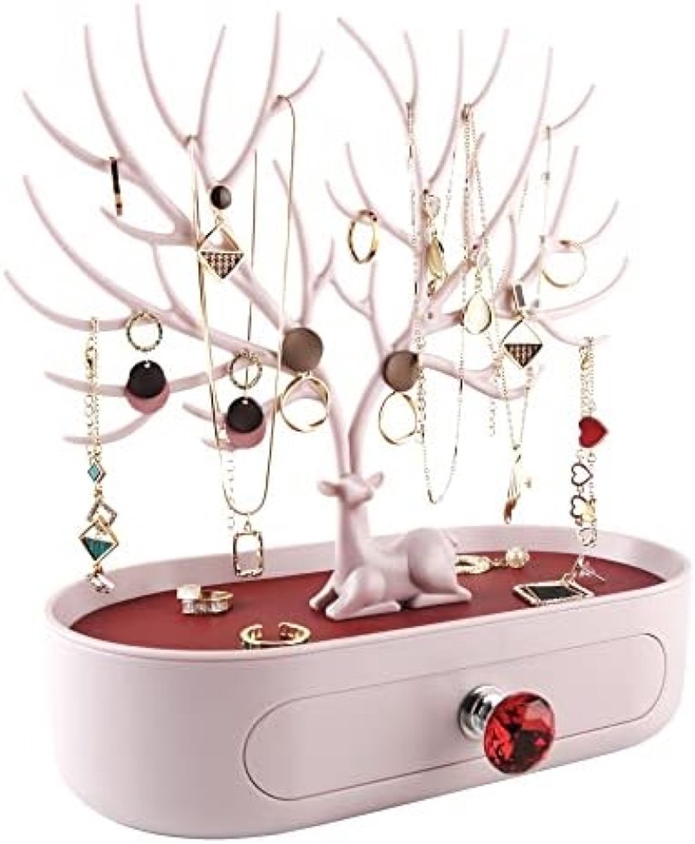 Sieradenstandaard Hertenhoorn Design - Rode Kunstlederen Juwelenhouder met Kristallen Handvat - Organizer voor Ring, Oorbel, Ketting, Armband en Horloge - Decoratieve Opbergoplossing