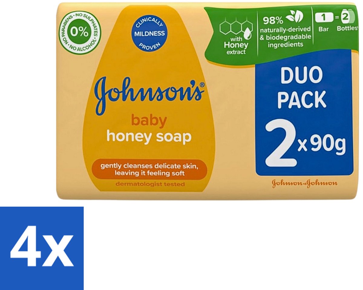 4 x Johnson's - Baby Honey Soap - Zacht - Reinigt Gevoelige Huid - 2 x 90 g - Babyhuid Reinigen - Honing Zeep - Gevoelige Huid - Zachte Zeep - Dermatologisch Getest