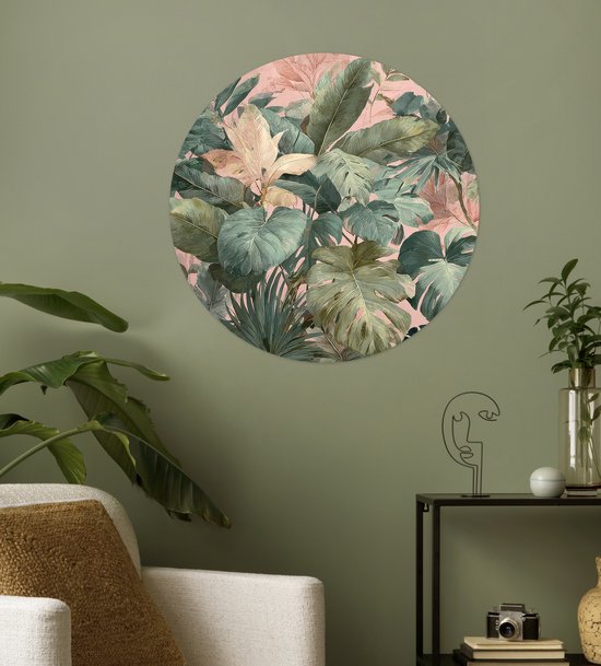 WallCircle® - Papier peint cercle 50x50 cm - Stickers muraux Composition de feuilles - Vert - Rose - Cercle mural salon - Cercle mural chambre - Décoration de chambre autocollante - Accessoires de Décoration murale
