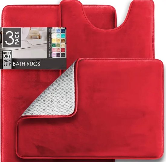 3-delige Badmatten Set – Antislip & Sneldrogend – Geheugenschuim Comfort – Voor Toilet, Douche & Badkamer – Rood