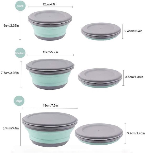 Daity Opvouwbare kommen met deksel - set van 3 - opvouwbare kommen voor kamperen - draagbare saladekommen - voedselbewaardozen - ronde voedselbewaardozen voor kamperen - wandelen - keuken - school - buiten (groen) — afbeelding 5