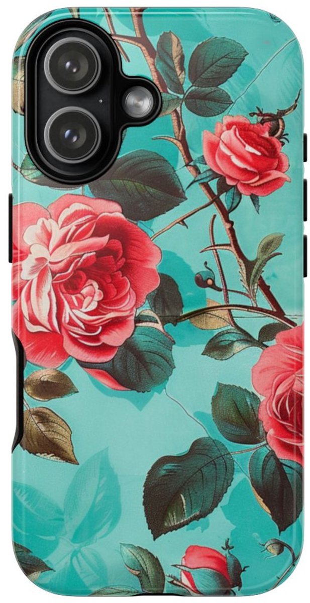 Rode Rozen op Turquoise Achtergrond – Telefoonhoesje Geschikt voor iPhone 17