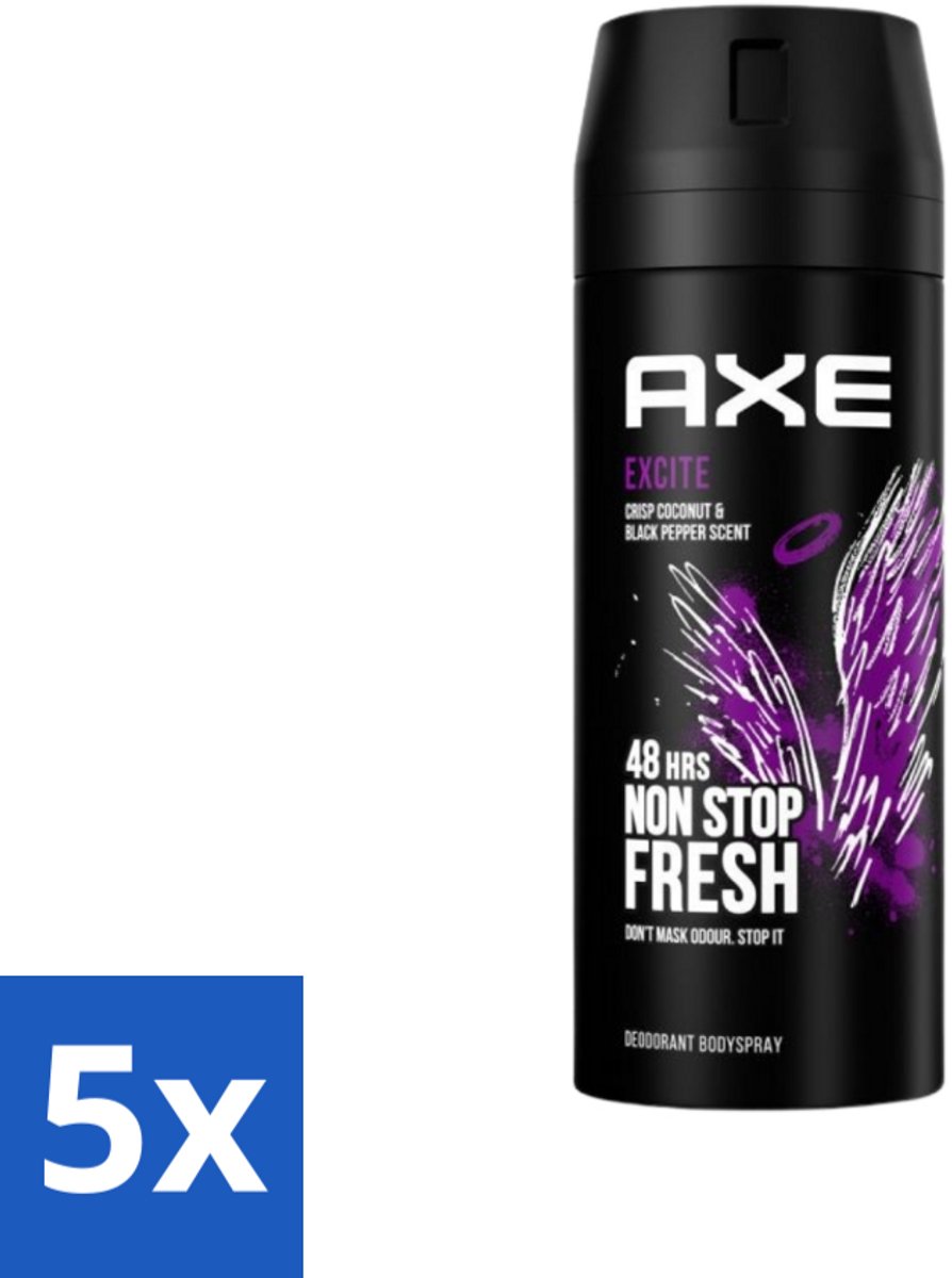 5 x Axe - Deodorant Bodyspray - 48hrs Fresh - Excite - Crisp Coconut & Black Pepper - 150 ml - Deodorant - Lichaamsgeur - Frisheid - Kokosnoot - Zwarte Peper