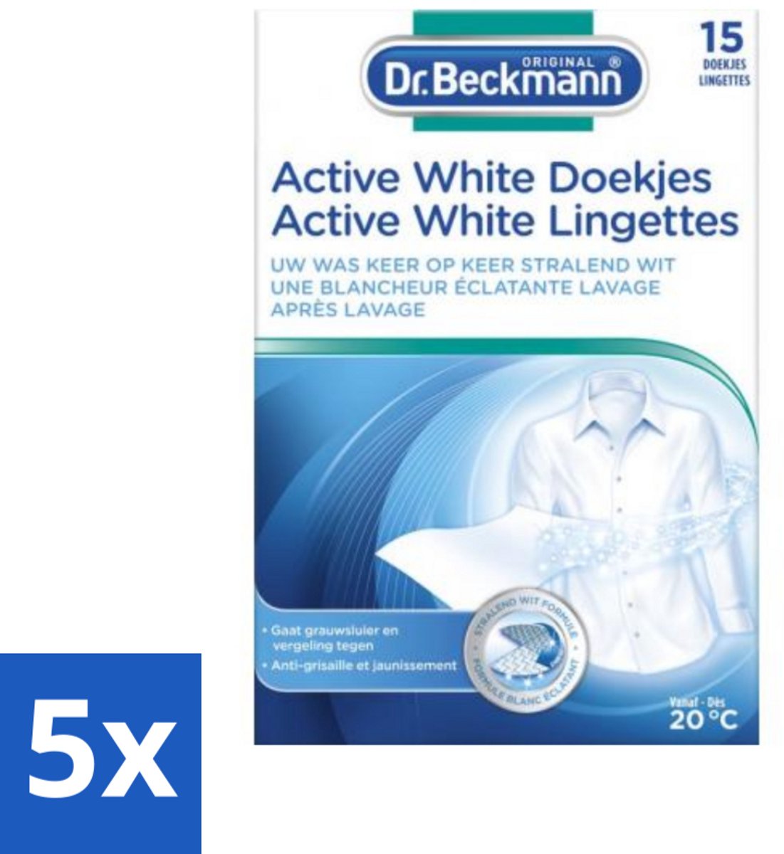5 x Dr. Beckmann - Kleurverzorging - Active White - Witte Was - 15 Doekjes - Voordeelverpakking - 5 stuks