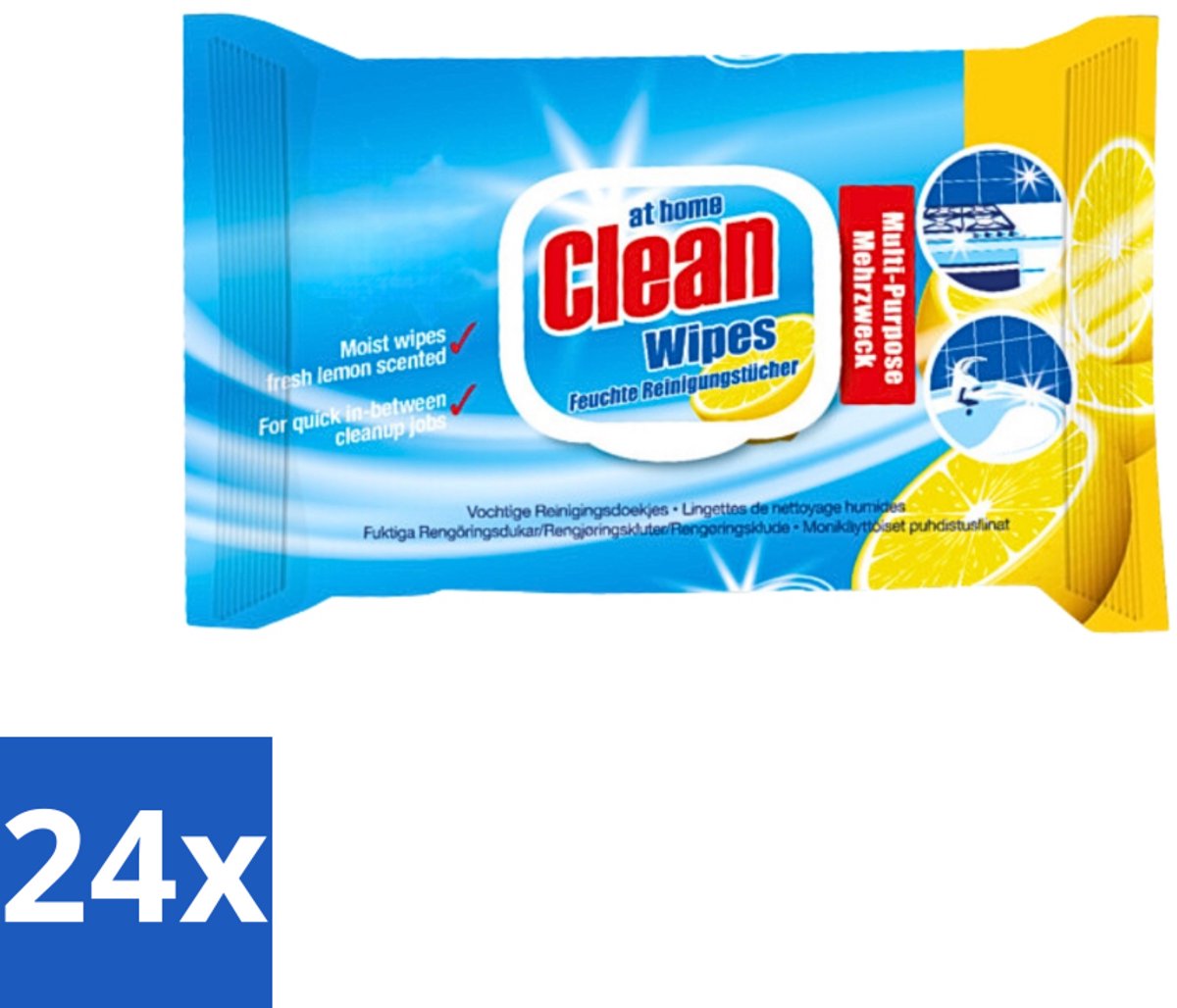 24 x At Home - Clean - Multi-Purpose Reinigingsdoekjes - Citroen - Vochtig - 55 Doekjes - Reinigingsdoekjes - Citrusgeur - Keukenvet - Zeepresten - Badkamervuil