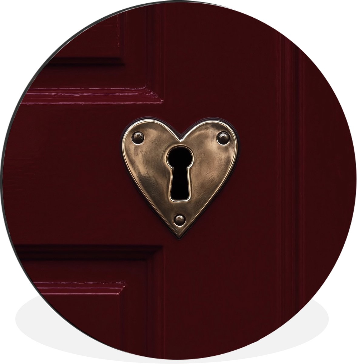WallCircle Wandcirkel - Muurcirkel - Bordeaux - Sleutelplaat - Hout - Deur - Aluminium - Dibond - 120x120 cm - Binnen en Buiten Deur - Hart - Slot