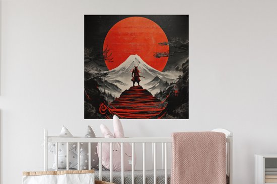 Kunstwerk met samoerai op rode trappen voor Fuji-berg onder rode zon.
