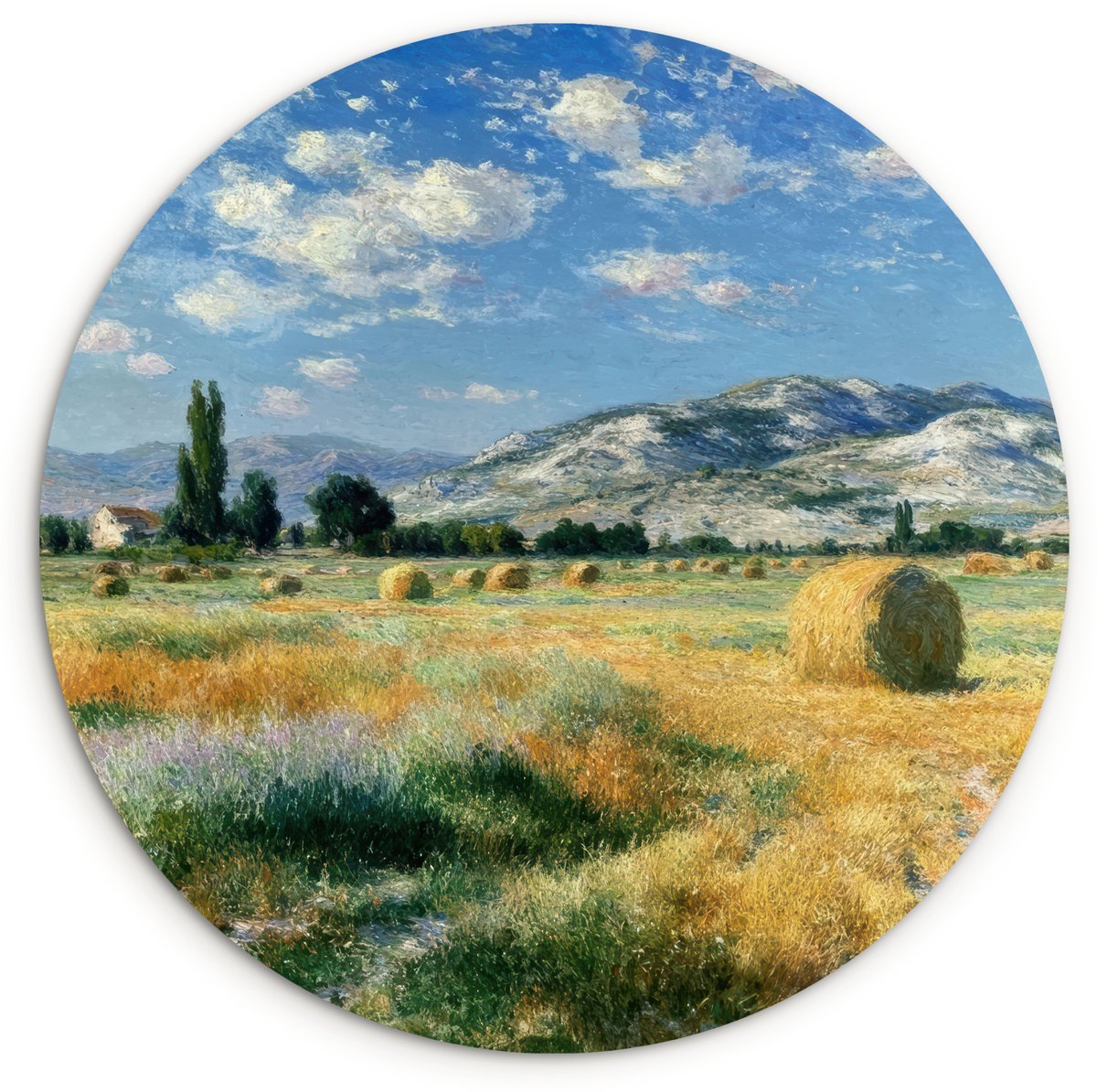 WallCircle Wandcirkel 30x30 cm - Muurcirkel Landschap - Strobalen - Bergen - Wolken - Muurdecoratie woonkamer - Wanddecoratie slaapkamer - Kamer decoratie accessoires - Ronde schilderijen