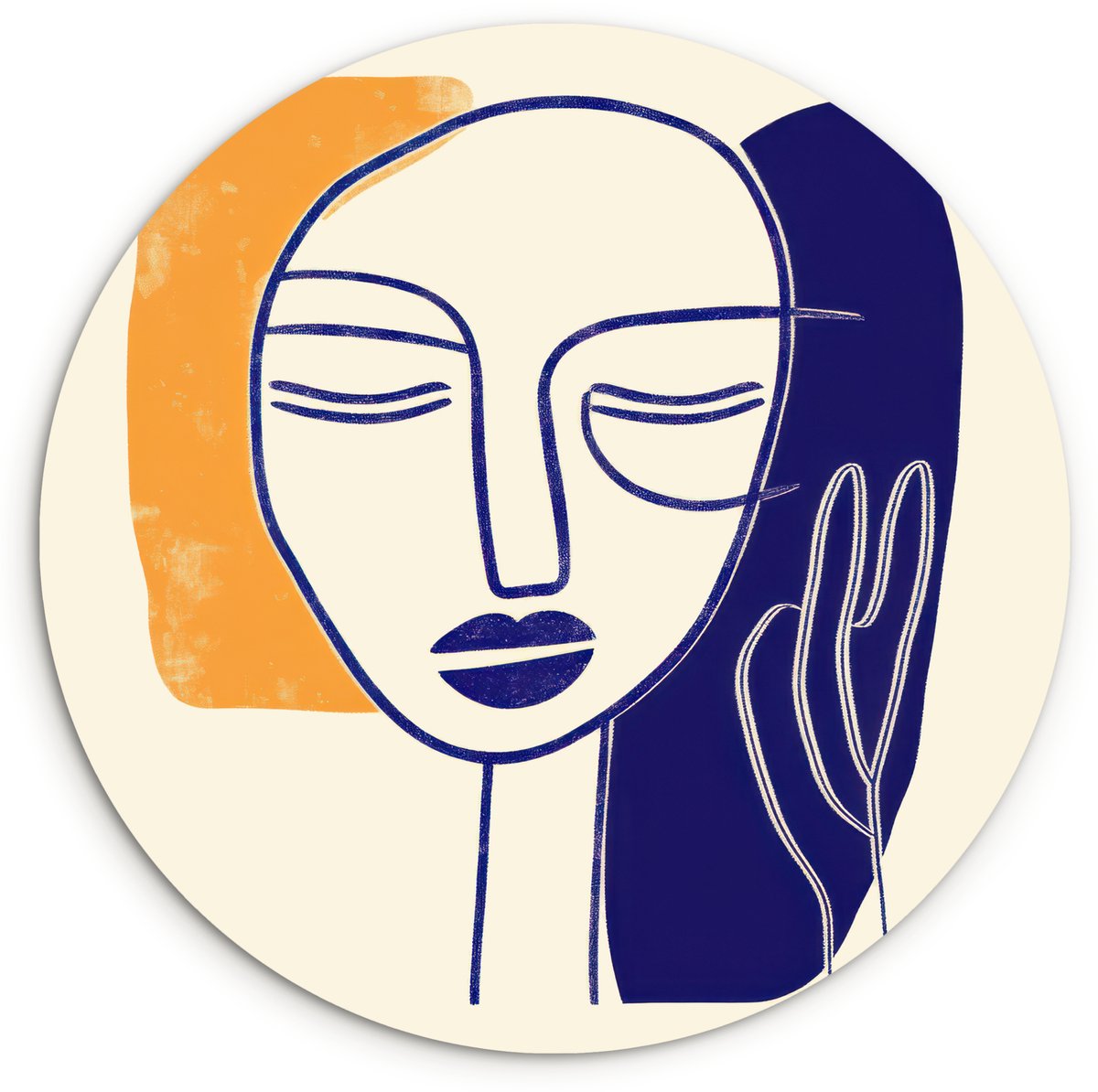 WallCircle Wandcirkel 140x140 cm - Muurcirkel Minimalistisch - Gezicht - Hand - Oranje - Blauw - Muurdecoratie woonkamer - Wanddecoratie slaapkamer - Kamer decoratie accessoires - Ronde schilderijen Gezicht - Hand - Minimalistisch