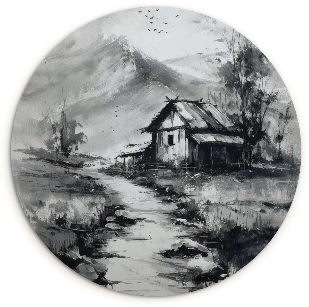 WallCircle Wandcirkel 60x60 cm - Muurcirkel Hut - Grijs - Bergen - Mistig - Muurdecoratie woonkamer - Wanddecoratie slaapkamer - Kamer decoratie accessoires - Ronde schilderijen Hut - Bergen - Mistig