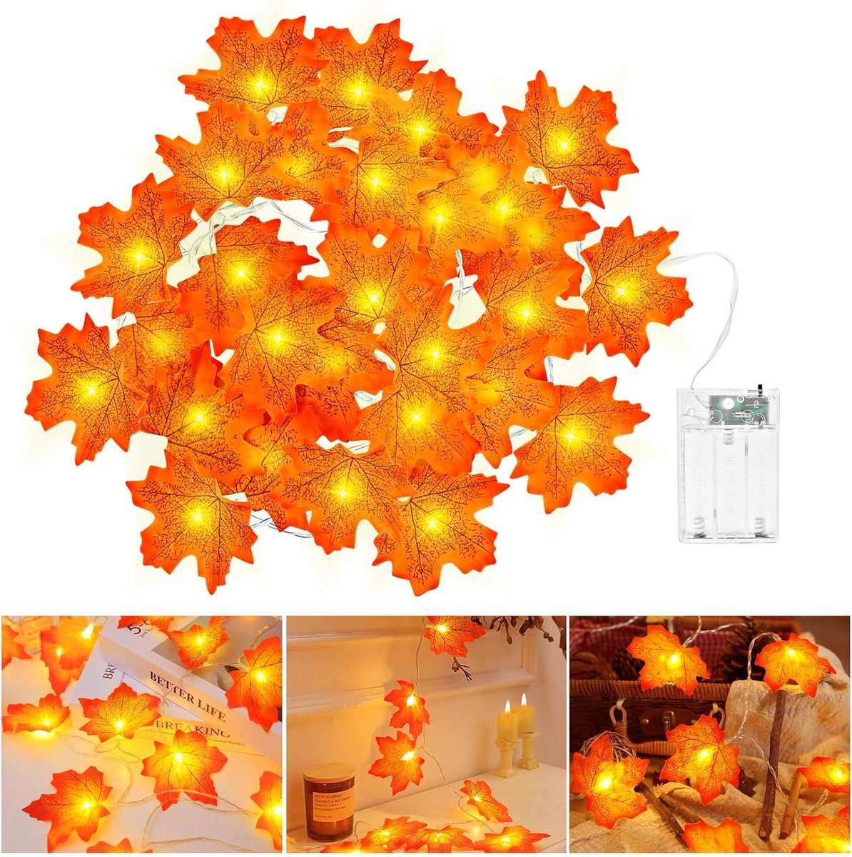 Daity Op batterijen werkende - herfstverlichting - 3 meter - 20 LED's - Halloween-decoraties - herfstverlichting in de vorm van esdoornbladeren - geschikt voor Halloween-thema's - Thanksgiving - Kerstmis en feesten