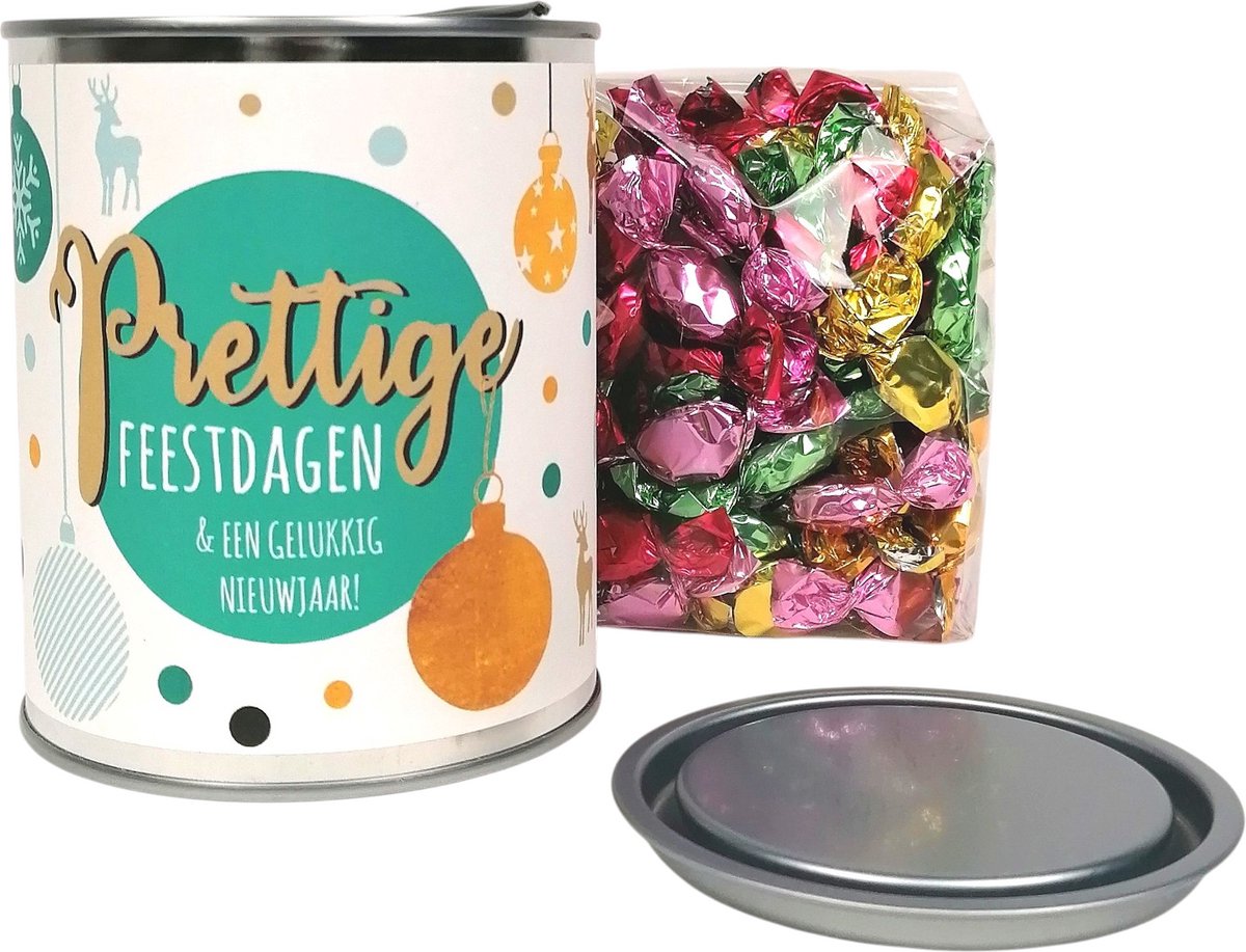 Kerst cadeautje, blik Prettige Feestdagen, gevuld met zuurtjes
