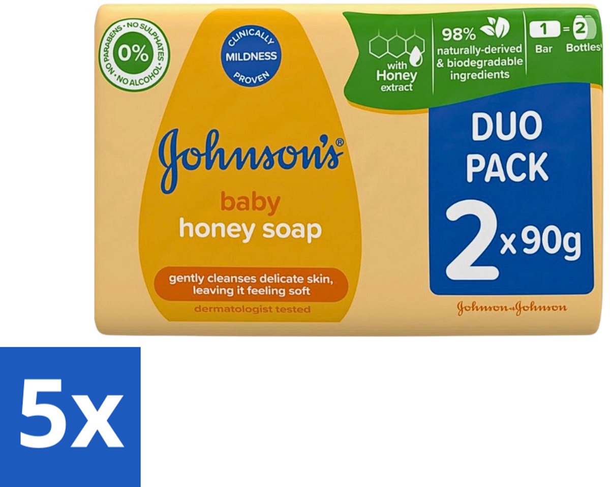 5 x Johnson's - Baby Honey Soap - Zacht - Reinigt Gevoelige Huid - 2 x 90 g - Babyhuid Reinigen - Honing Zeep - Gevoelige Huid - Zachte Zeep - Dermatologisch Getest