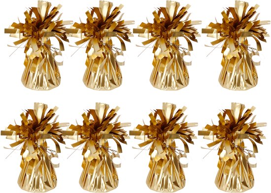 Acht mat gouden ballon gewichtjes met gekreukelde lintjes.