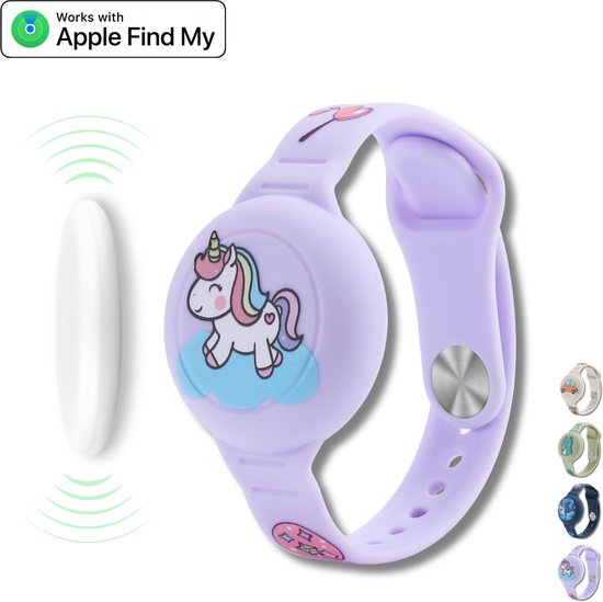Tracker kind zonder abonnement - Werkt met Apple Find My - Armband kind geschikt voor AirTag - Inclusief Fynda tracker - MFi gecertificeerd door Apple - Onbeperkte lokalisering - Met geluidssignaal - Zonder maandkosten - Eenhoorn - Fynda