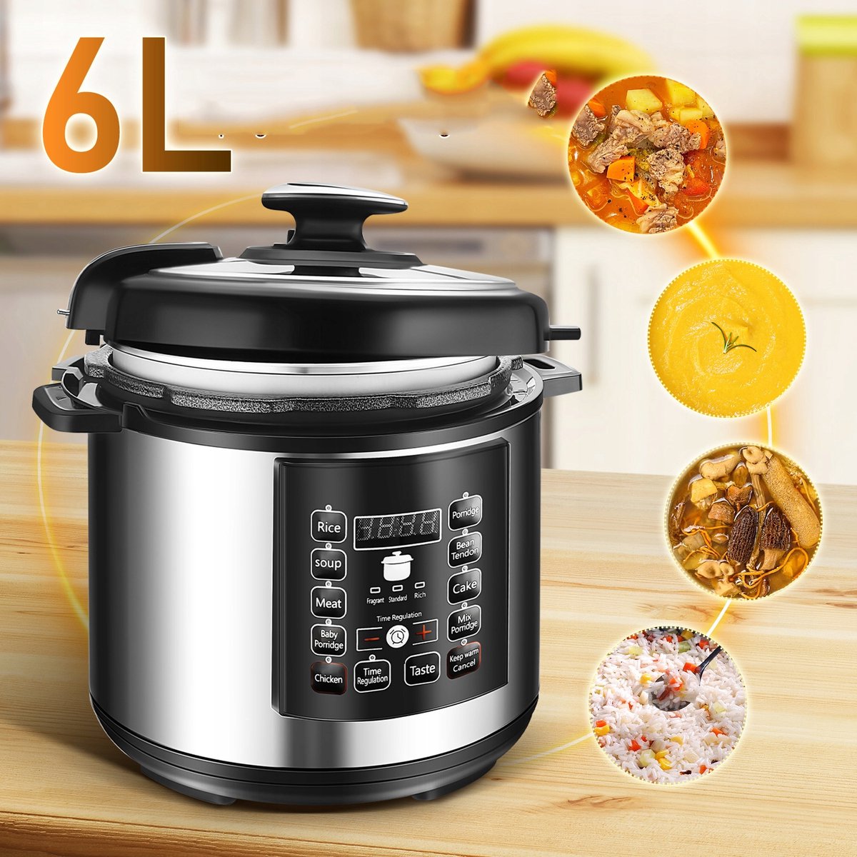 Multicooker 6L - Elektrische Snelkookpan & Slowcooker in 1 | 12-in-1 Functies: Stomen, Bakken, Rijst & Yoghurt Maken | Veiligheidsdeksel met Handvat – foto 6
