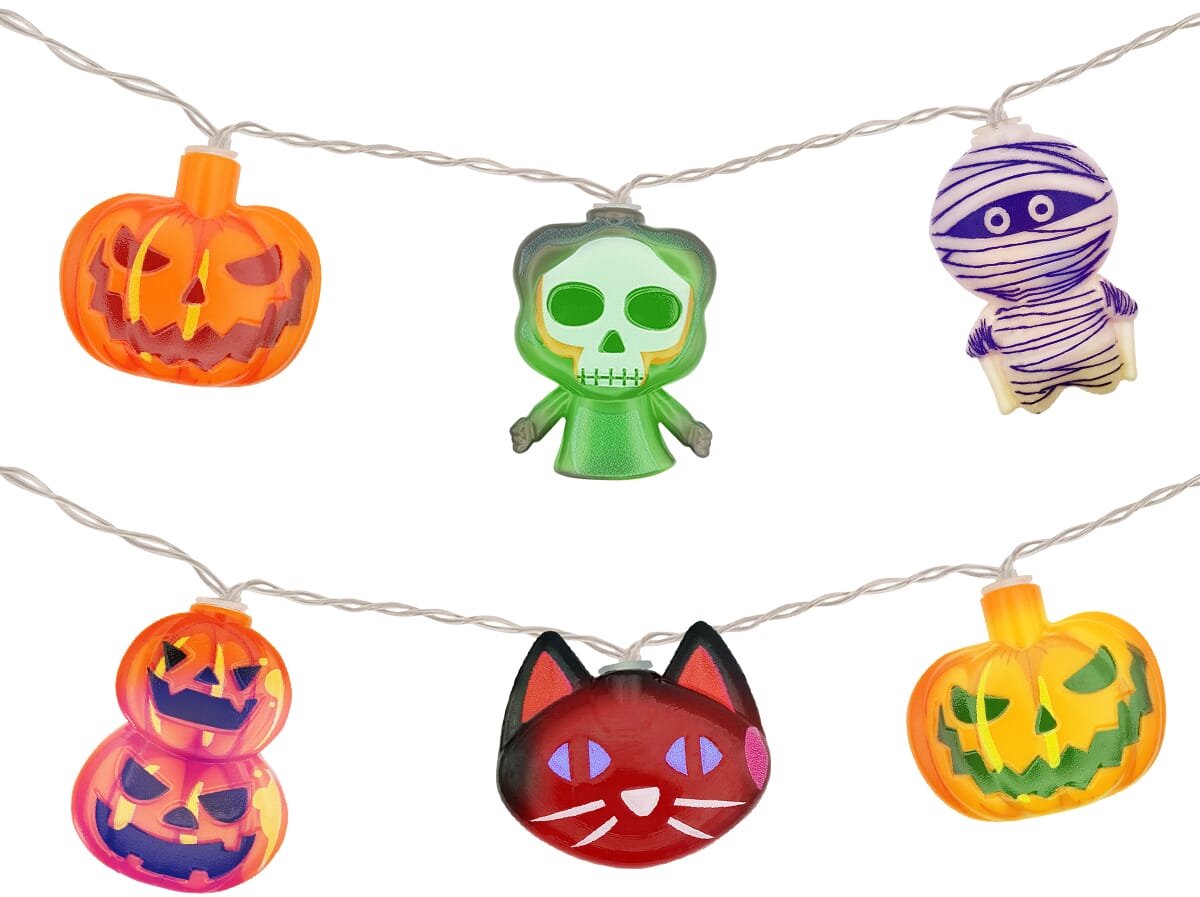 Halloween Lichtsnoer Gekleurd - 6 Meter - 40 LED Lampjes - Pompoen, Magere Hein, Mummie, Kat en Dubbele Pompoen - Inclusief Batterijen - Gekleurd Licht