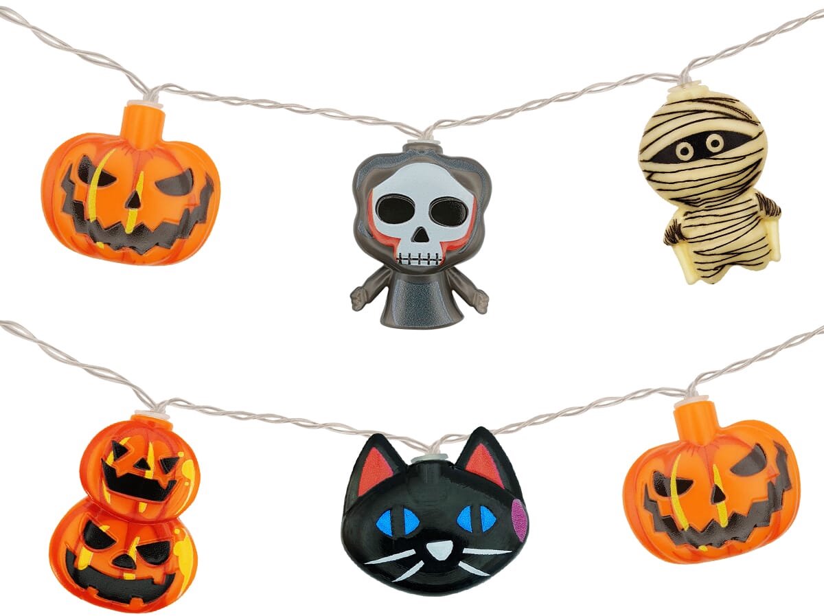 Halloween Lichtsnoer - 6 Meter - 40 LED Lampjes - Pompoen, Magere Hein, Mummie, Kat en Dubbele Pompoen- Inclusief Batterijen - Warm Wit Licht