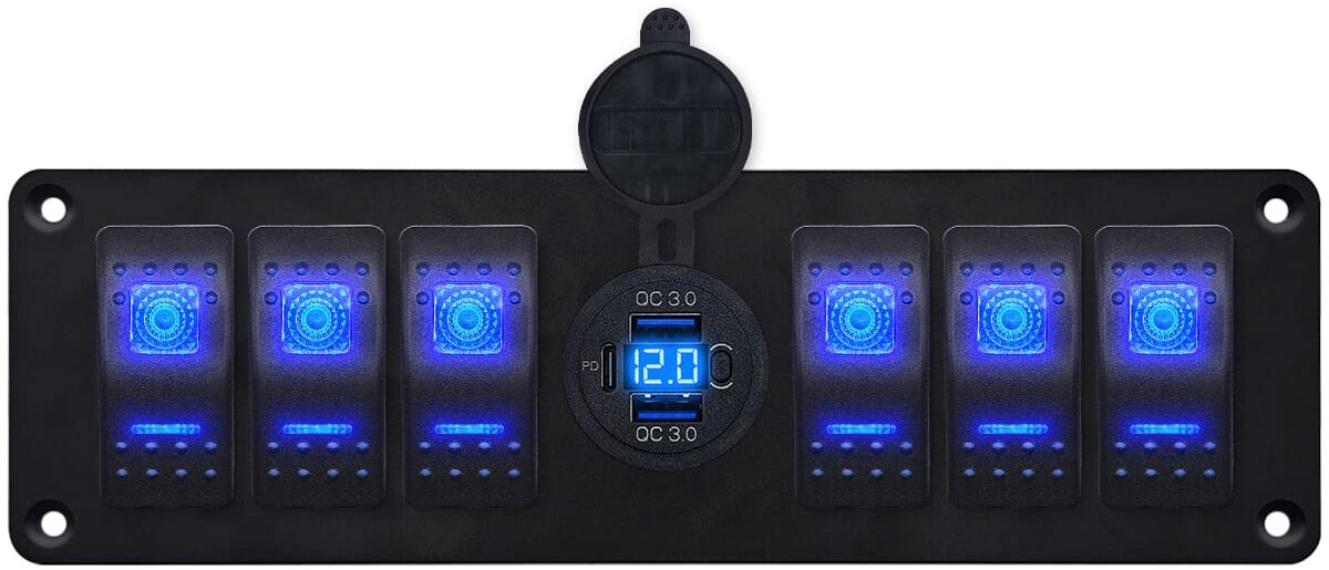 ProRide Schakelpaneel 12V voor Auto/Boot - USB C Stopcontact 3 Poorten met Schakelaar/Voltmeter - QC3.0 - 6 schakelaars - Blauw
