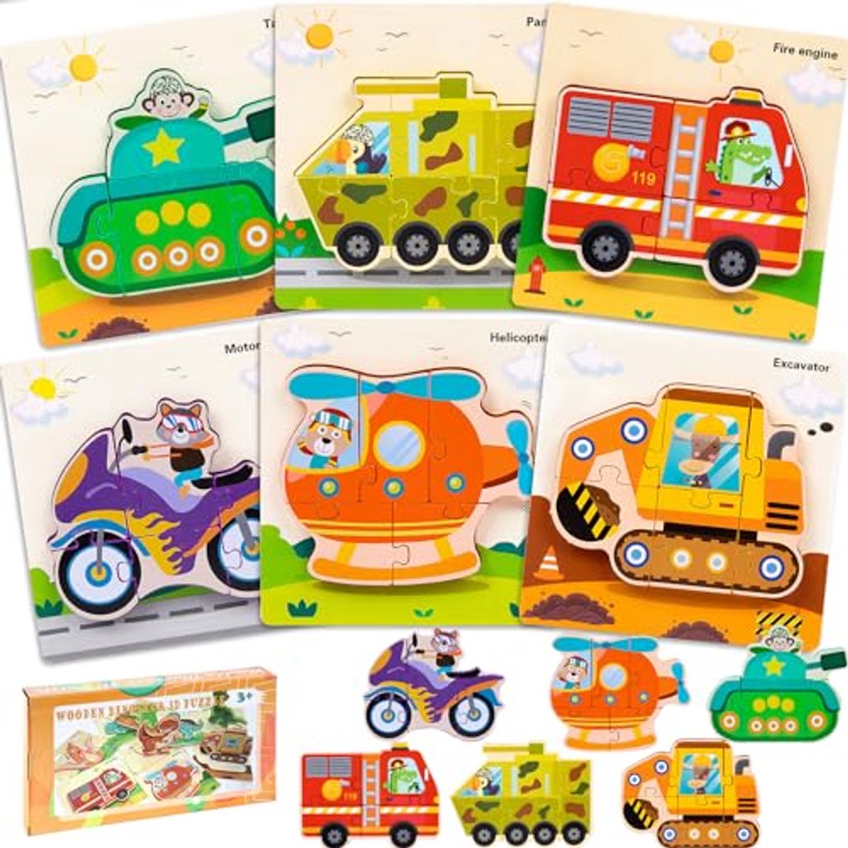 LEcylankEr Puzzel van 1, 2, 3, 6 stuks, houten puzzel voor kinderen, dinosaurus/auto, steekpuzzel 1, 2, 3 jaar, Montessori speelgoed, cadeaus voor jongens en meisjes (auto)