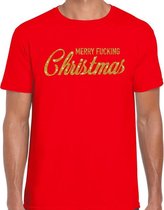 Fout kerstshirt / t-shirt - Merry Fucking Christmas - goud / glitter - rood voor heren - kerstkleding / christmas outfit S (48)