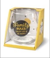 Wijnglas - Waterglas - Family Rules: enjoy life & be happy - Gevuld met toffeemix - In cadeauverpakking met gekleurd lint