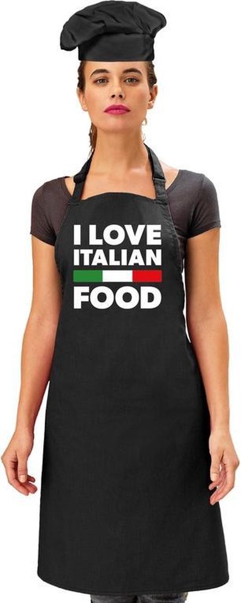 I love Italian food keukenschort met zwarte kokmuts voor dames