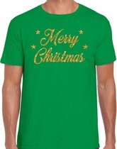 Fout Kerst shirt / t-shirt - Merry Christmas - goud / glitter - groen - heren - kerstkleding / kerst outfit M (50)
