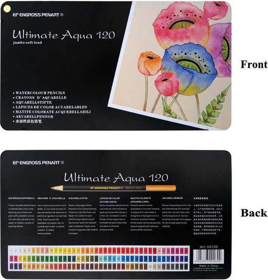 Zenacolor 120 aquarelpotloden, met kwast en metalen doos, set met 120 unieke en oplosbare kleuren, tekenen, schetsen, kleuren, voor volwassenen, kunstenaars of professionals