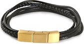 Twice As Nice Armband in goudkleurig edelstaal, 5 rijen zwart leer, goudkleurig slot 21 cm