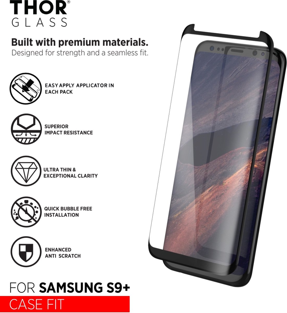 THOR Glass Screenprotector Case-Fit Samsung Galaxy S9 Plus