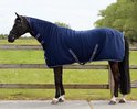 Bruin paard met donkerblauwe fleecedeken met witte bies en kruissingels, staand op een betonnen ondergrond.