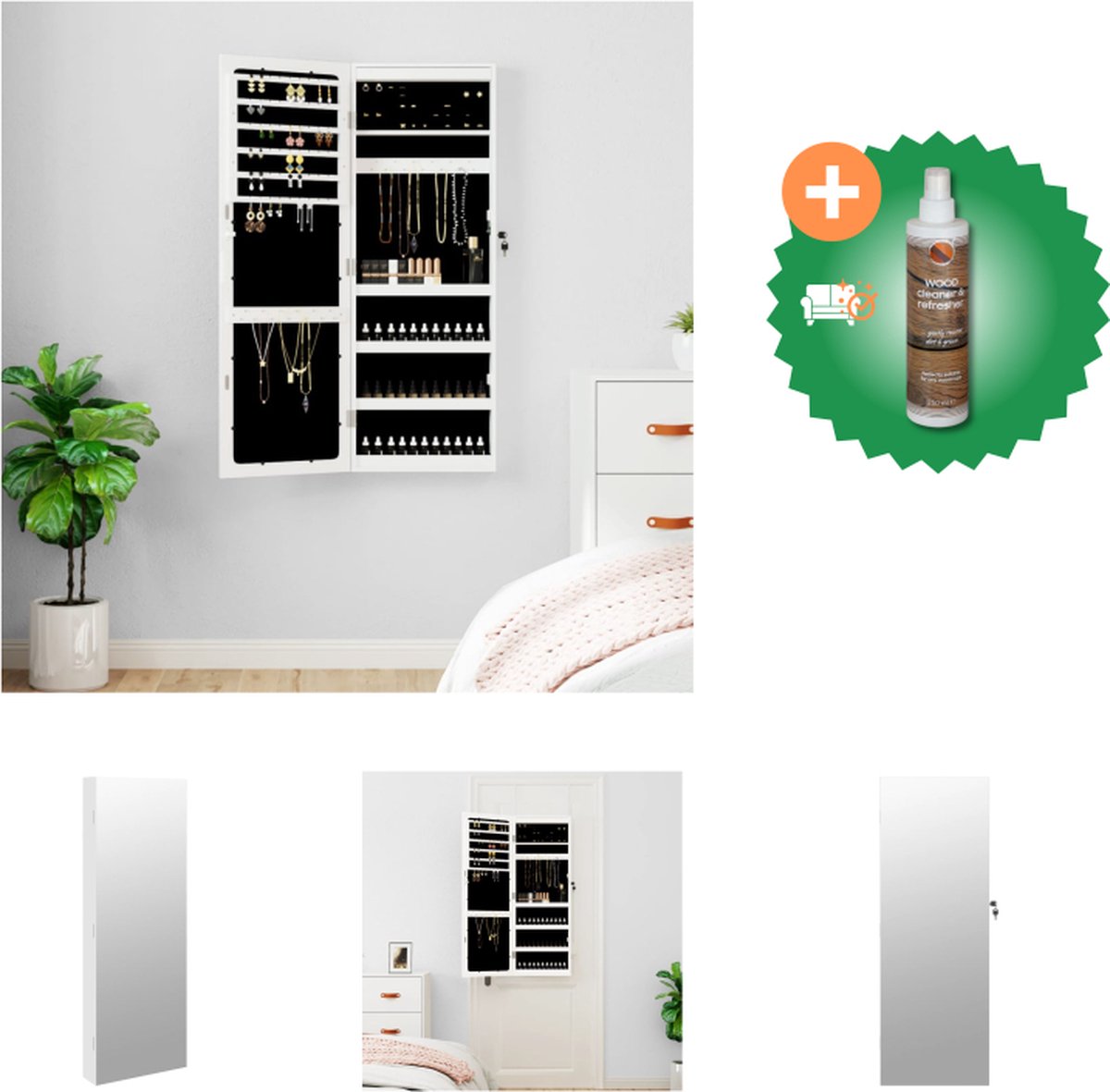 HOMCOM led sieradenkast met spiegel spiegelkast staande spiegel sieradenrekje spiegel verstelbaar wit 136 cm hoog