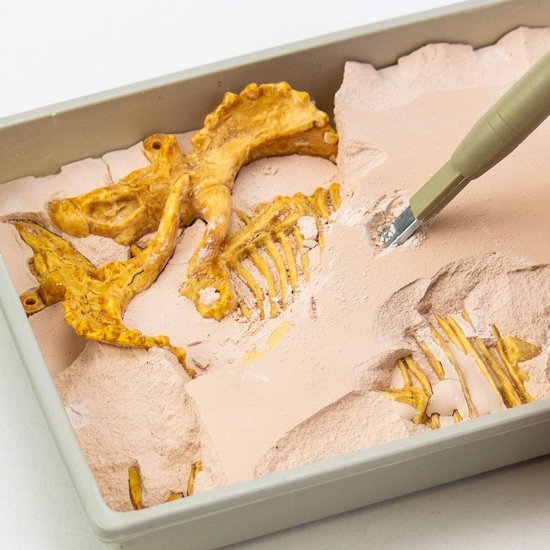 Gele dinosaurus skelet, deels opgegraven uit een steenblok, met een archeologisch gereedschap.