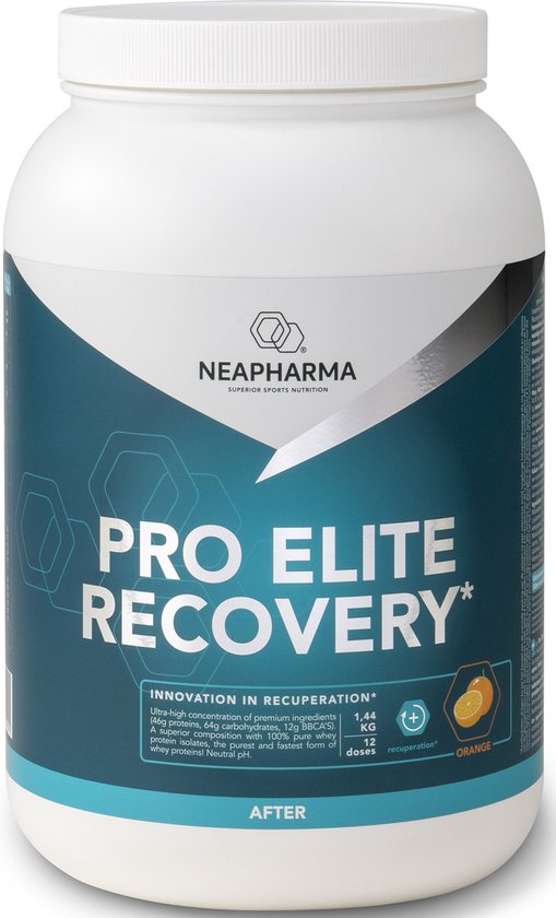 Witte pot NEAPHARMA Pro Elite Recovery met oranje en blauw label, 1,44kg.