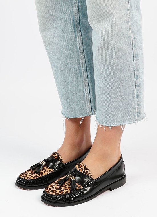 Sacha - Dames - Zwarte leren loafers met luipaardprint - Maat 41