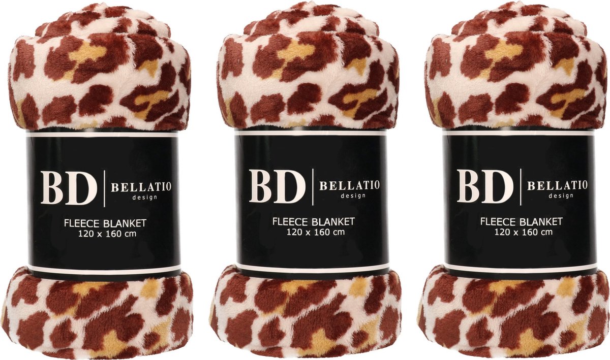 Bellatio design Plaid - 3x - fleece deken - in panter dieren print - 120 x 160 cm - dekentjes