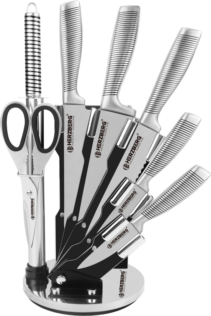 Herzberg Cooking Herzberg Hg-Skn8: 8-Delige Rvs Messenset + 360° Inklapbare En Draaibare Acrylstandaard Rood