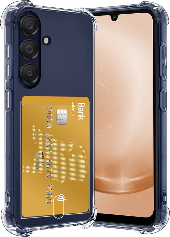 Coque transparente avec téléphone bleu foncé et porte-cartes à l'arrière.