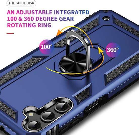 Close-up van de 100 & 360 graden draaibare ring op een blauw Samsung A25 hoesje.