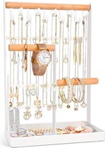 Sieradenstandaard, sieradenhouder, kettingstandaard, sieraden, 4 niveaus, sieradenstandaard met houten basis, sieradenstandaard voor oorbellen, ringen, armbanden en horloges, wit