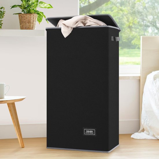 Panier à Linge Tissu Avec Couvercle Et Poignées - Corbeille Rangement Chambre Salle De Bain Noir Simple
