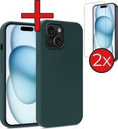 Hoesje Geschikt voor iPhone 15 Hoesje Siliconen Case Hoes Met 2x Screenprotector - Hoes Geschikt voor iPhone 15 Hoes Cover Case - Donkergroen