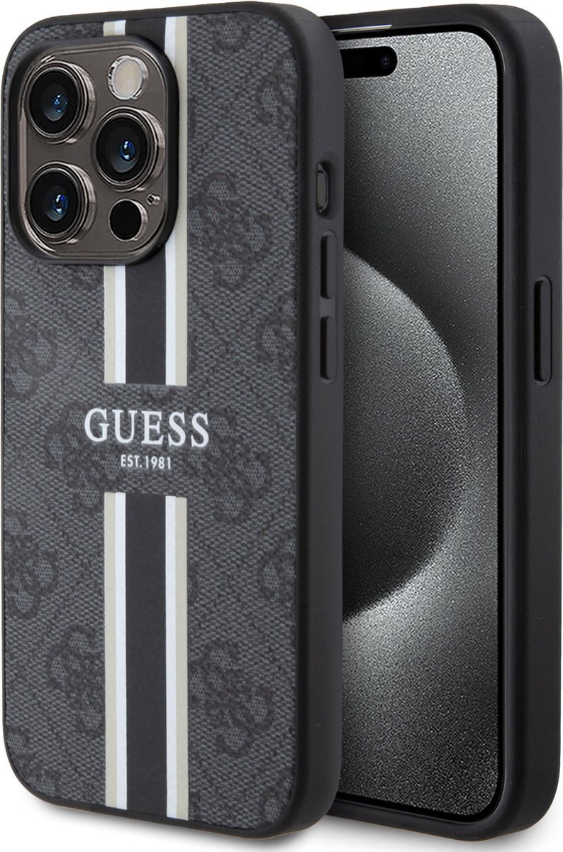 Guess – iPhone 15 Pro Backcover – hoesje 4G – Printed Stripes – Zwart